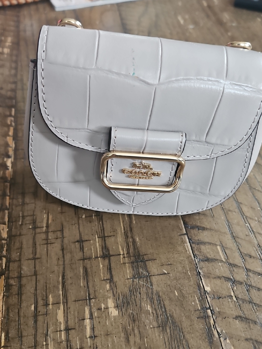 Coach Croc-Embossed Saddle Crossbody in Light Gray with Gold Hardware